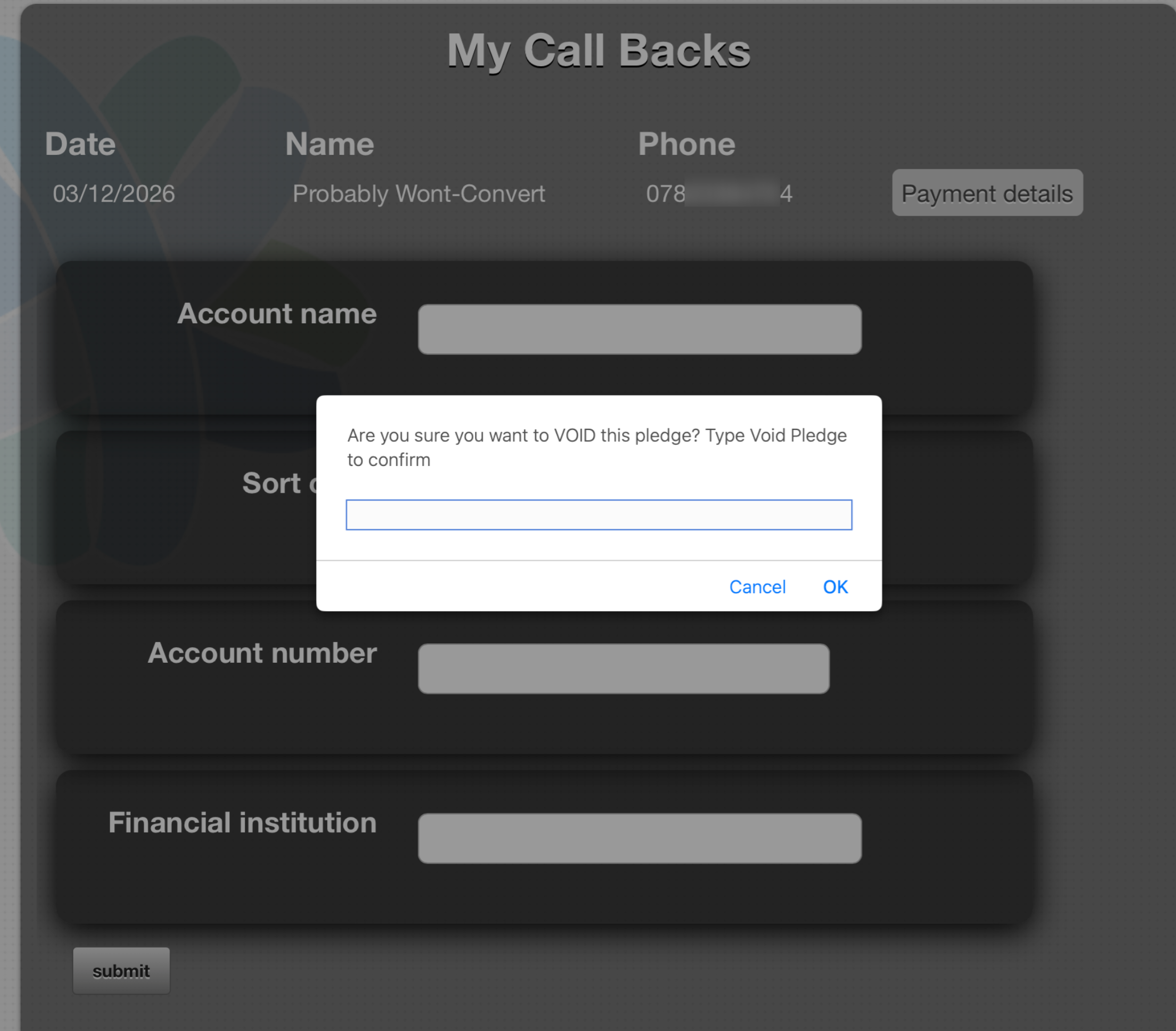 Void pledge confirmation dialogue